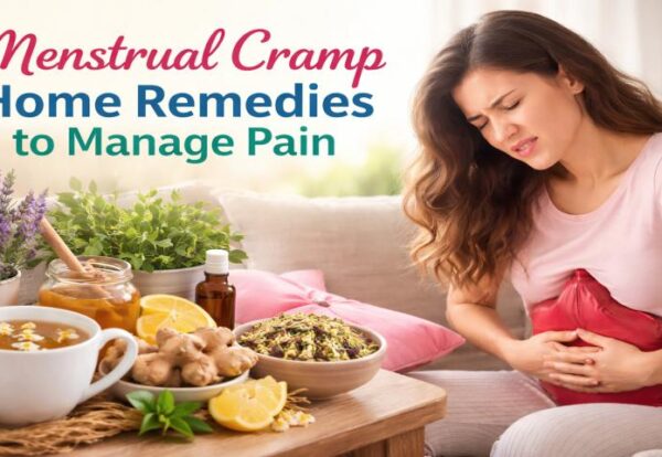 Woman using hot water bag to relieve menstrual cramps at home