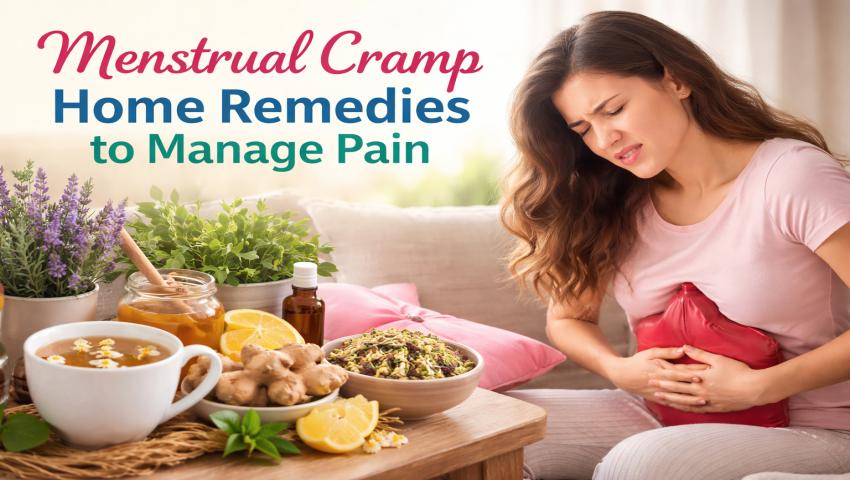 Woman using hot water bag to relieve menstrual cramps at home