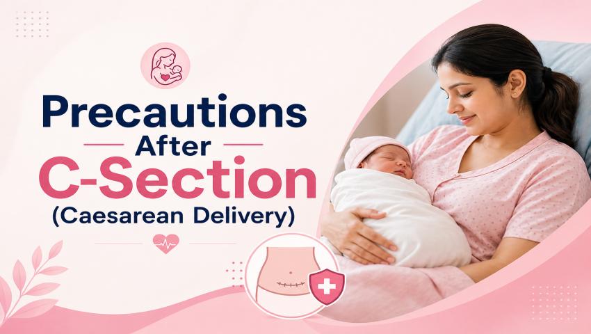 Mother recovering after C-section surgery, following precautions after C-section like rest, wound care, healthy diet, and gentle movement for safe healing