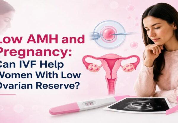 Low AMH and Pregnancy guide showing female reproductive system illustration.